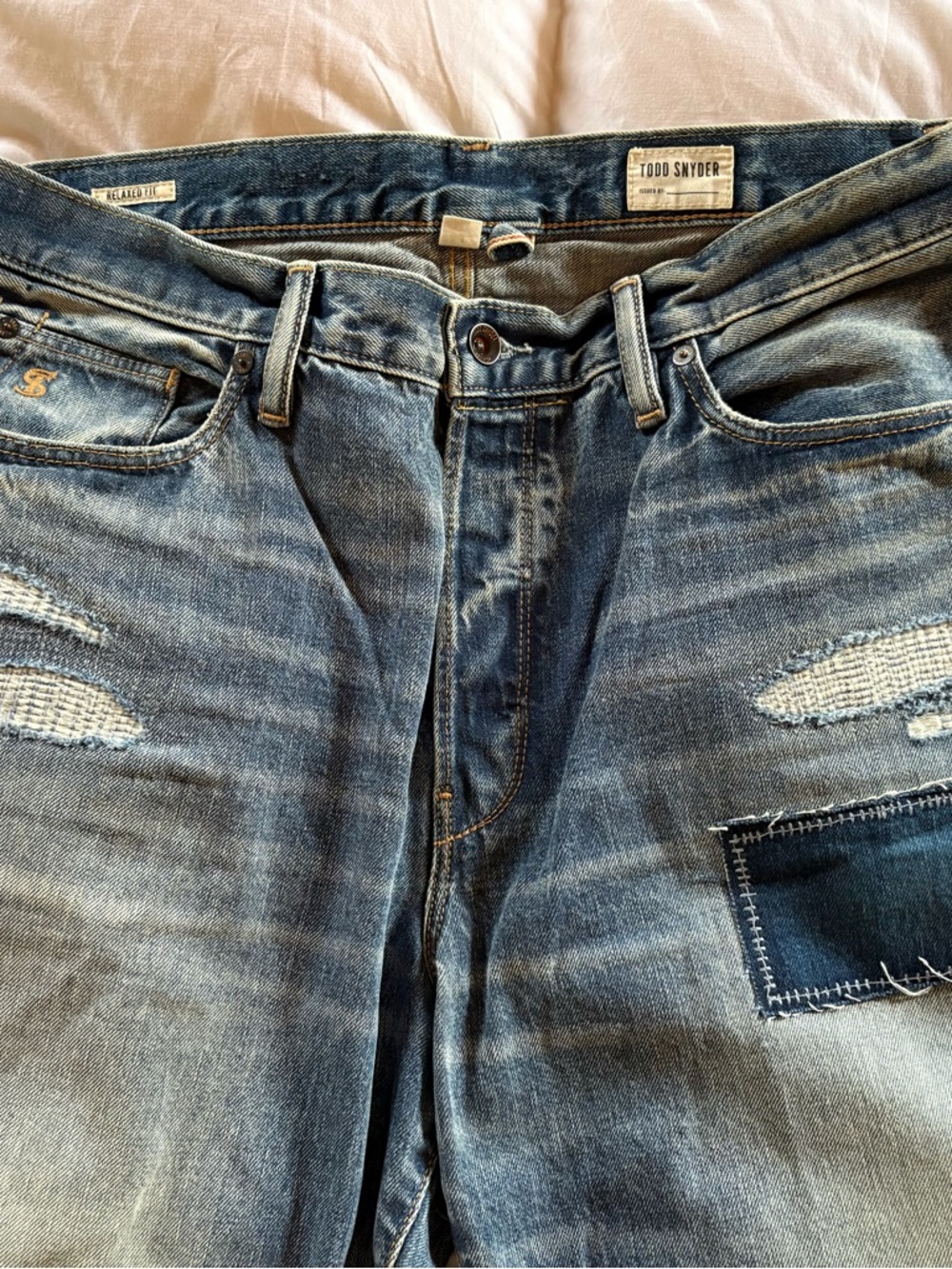 Todd Snyder Light Blue Washed Denim Jeans with Contrast Stitching